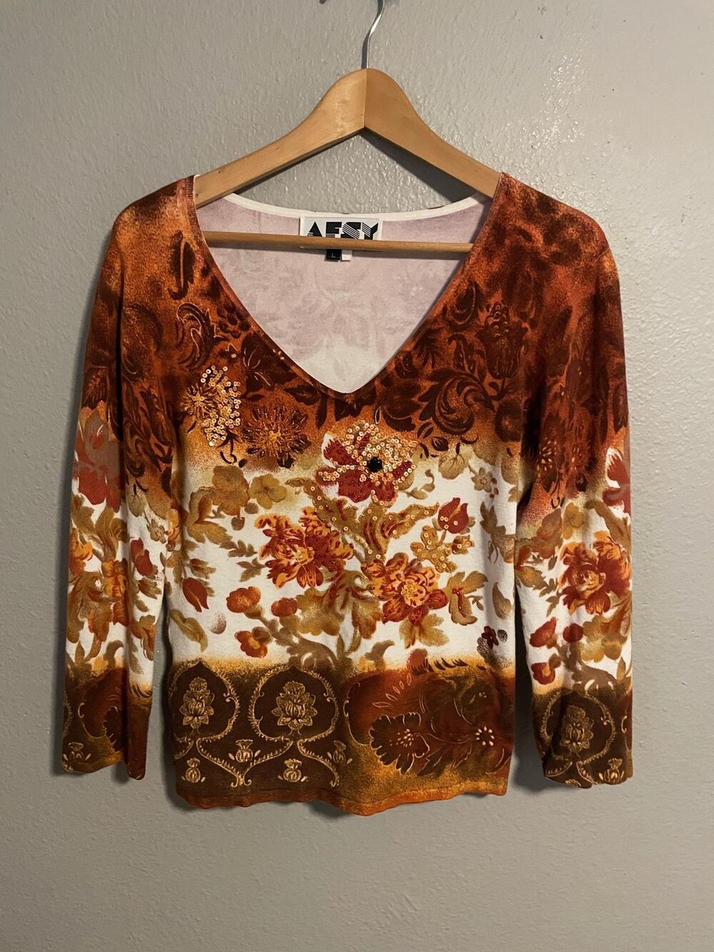 Vintage Womens Top Large Colorful Floral Beaded Sequin Whimsigoth Boho 90s READ